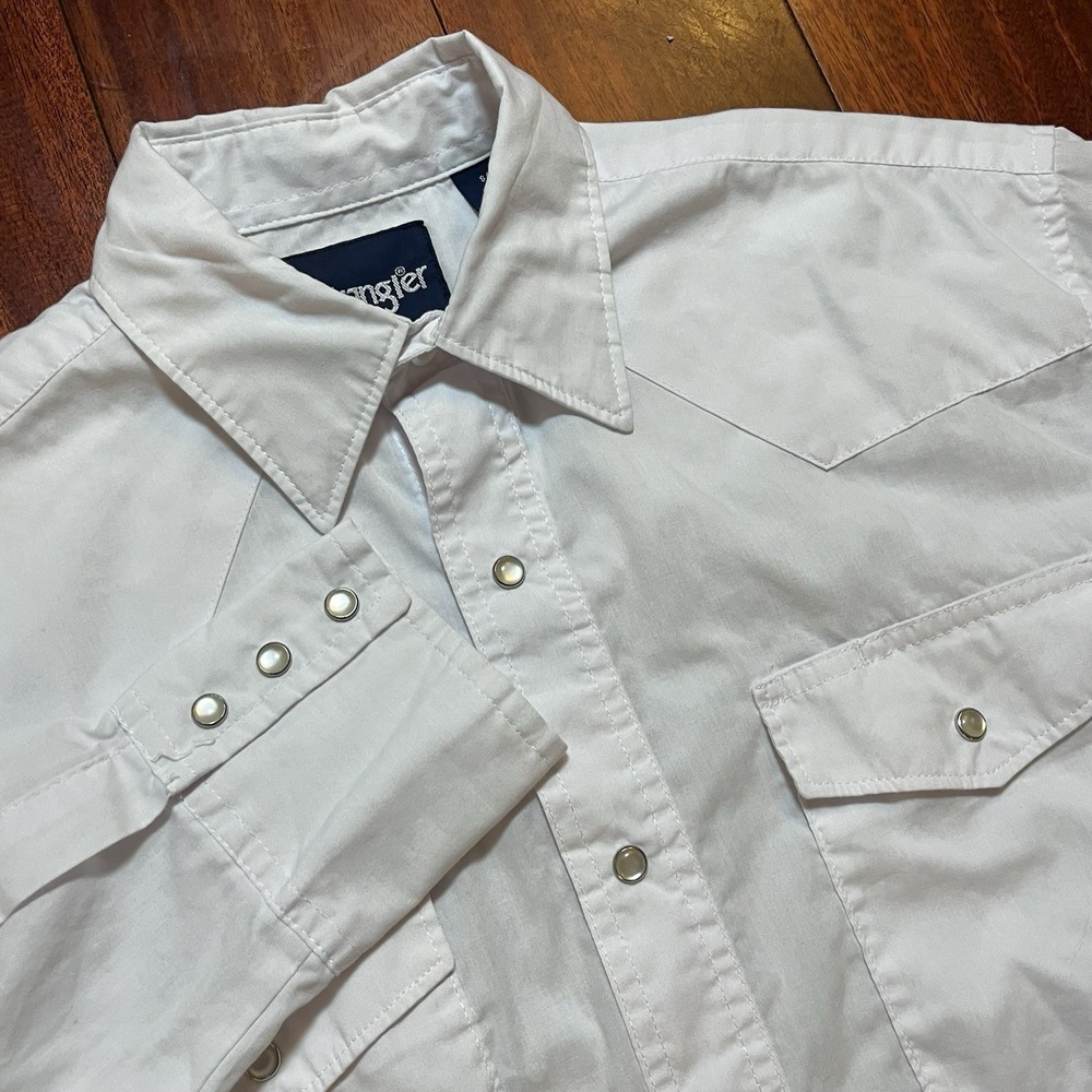 Wrangler Shirt Mens Small White Pearl Snap Button Up Long Sleeve Preppy Read*